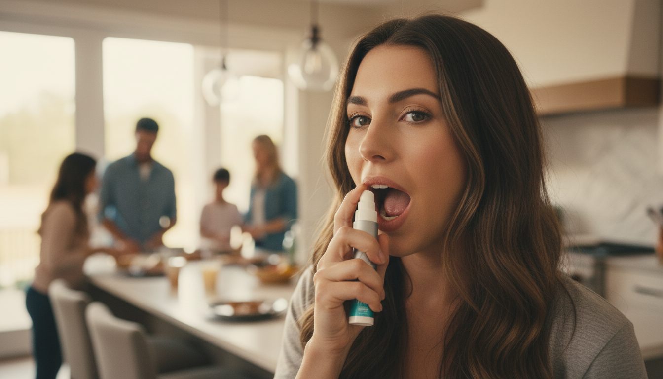 Woman applying THIN sublingual spray