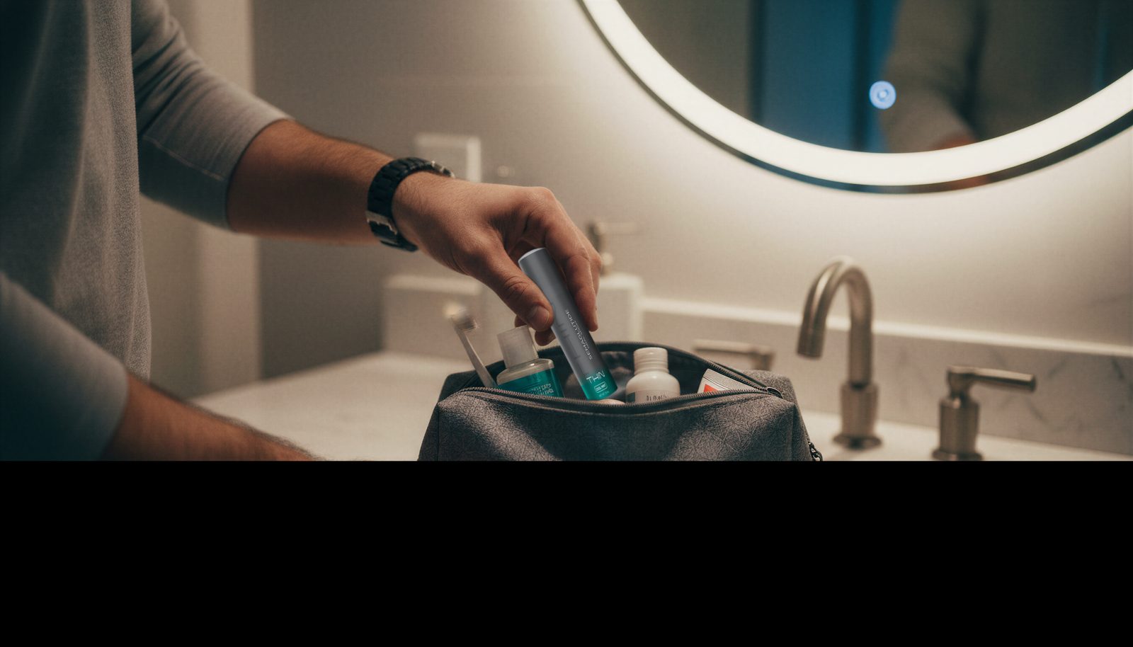 Man traveling with a pocket-sized THIN spray