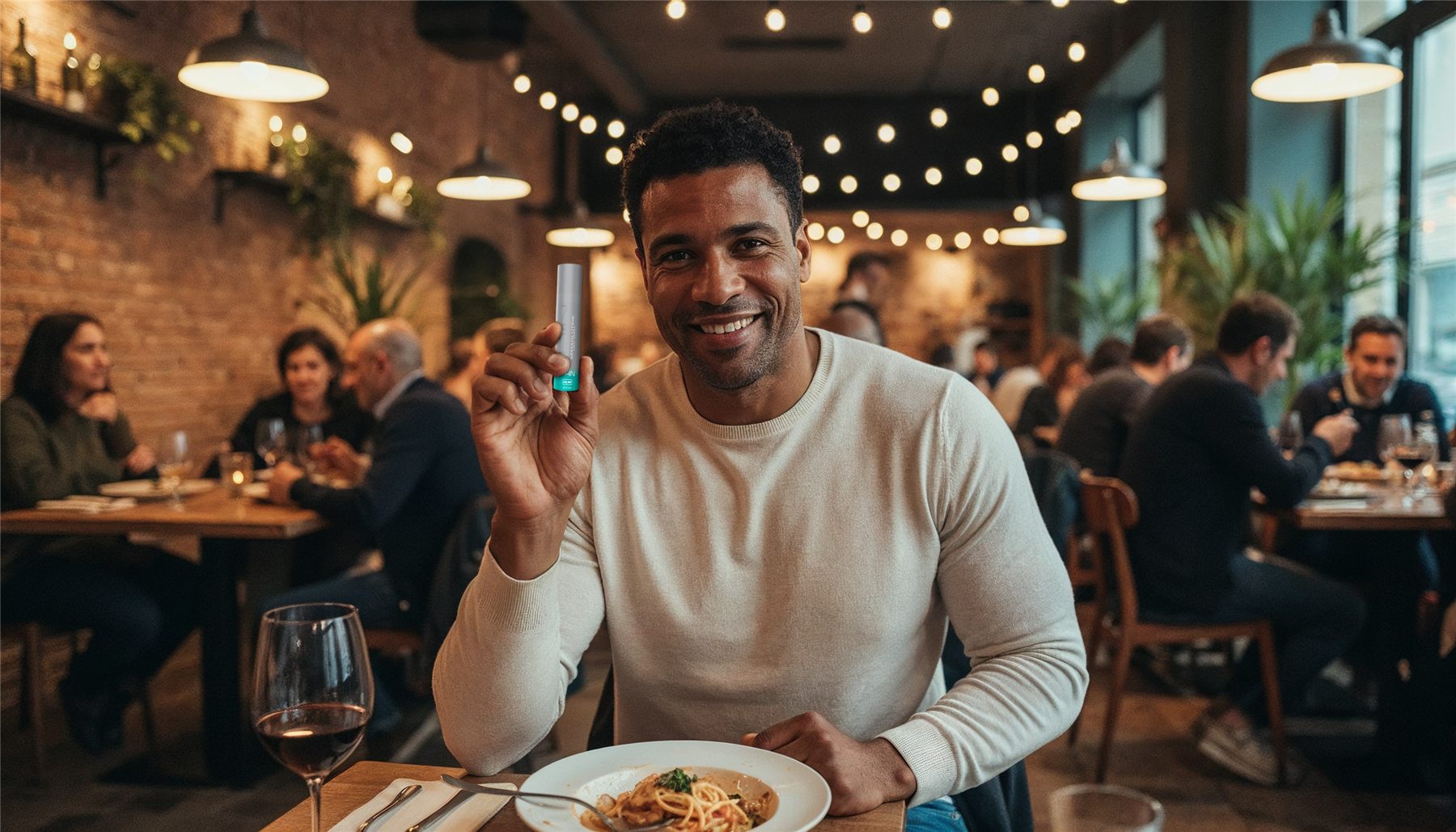 Man enjoying a restaurant meal, THIN spray in hand