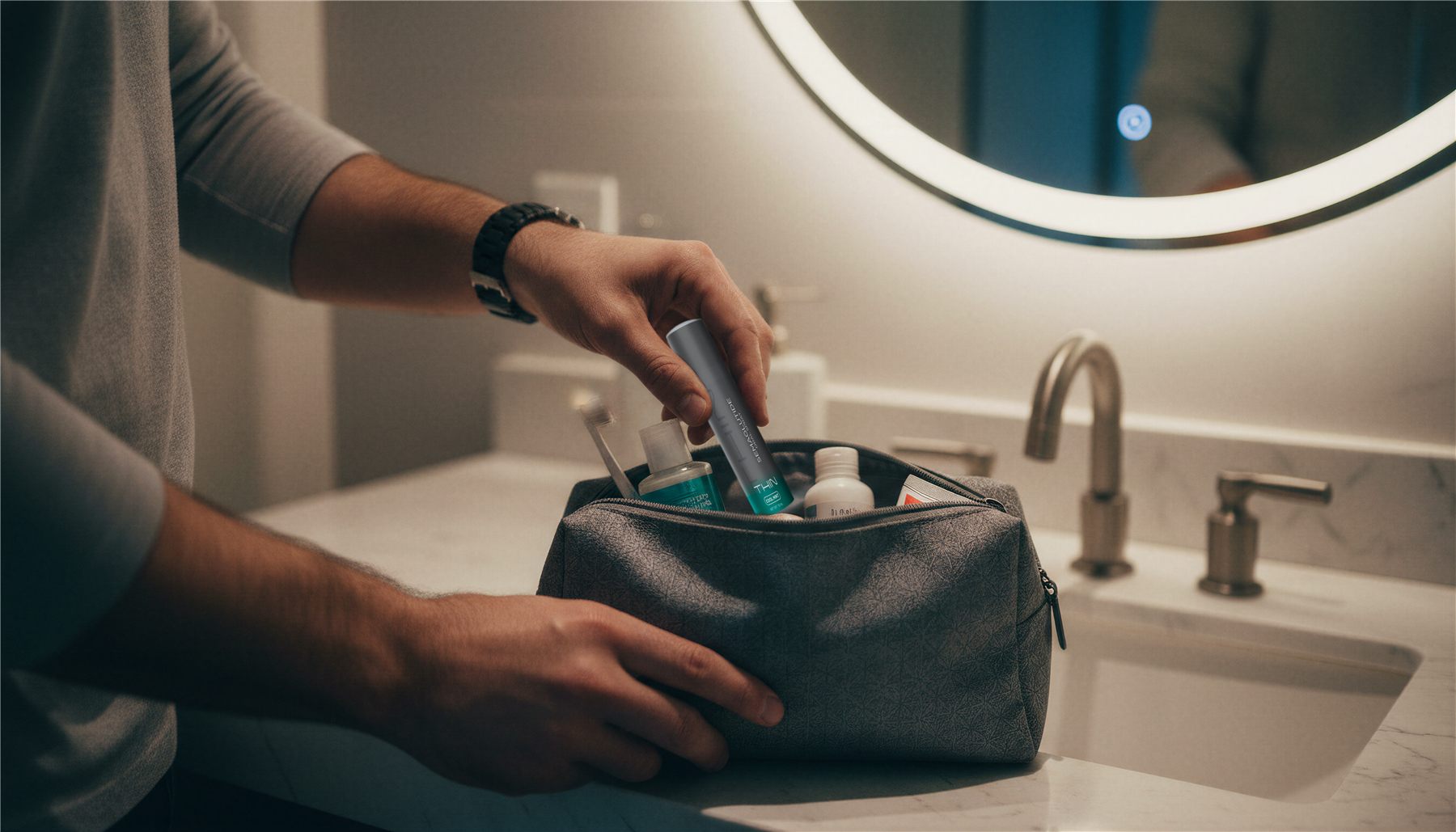 Traveler packing a small toiletry bag for a trip