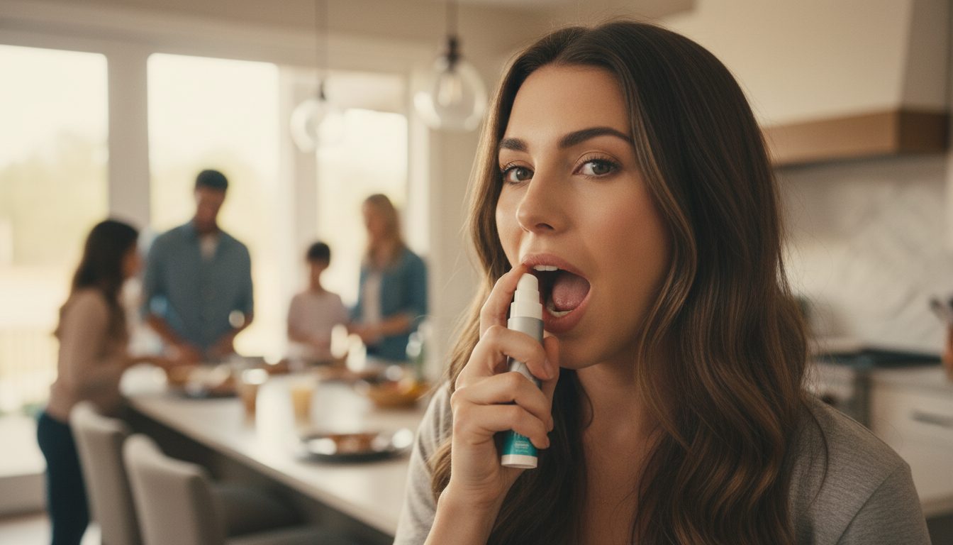 Woman applying THIN needle-free oral spray at home